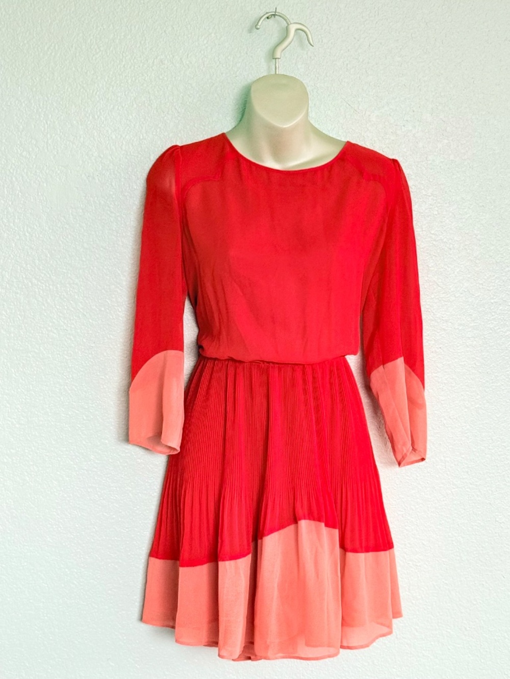 Coral Colorblock Accordion Pleat Open Back Sheer Flounce Skirt Mini Dress Sz 8